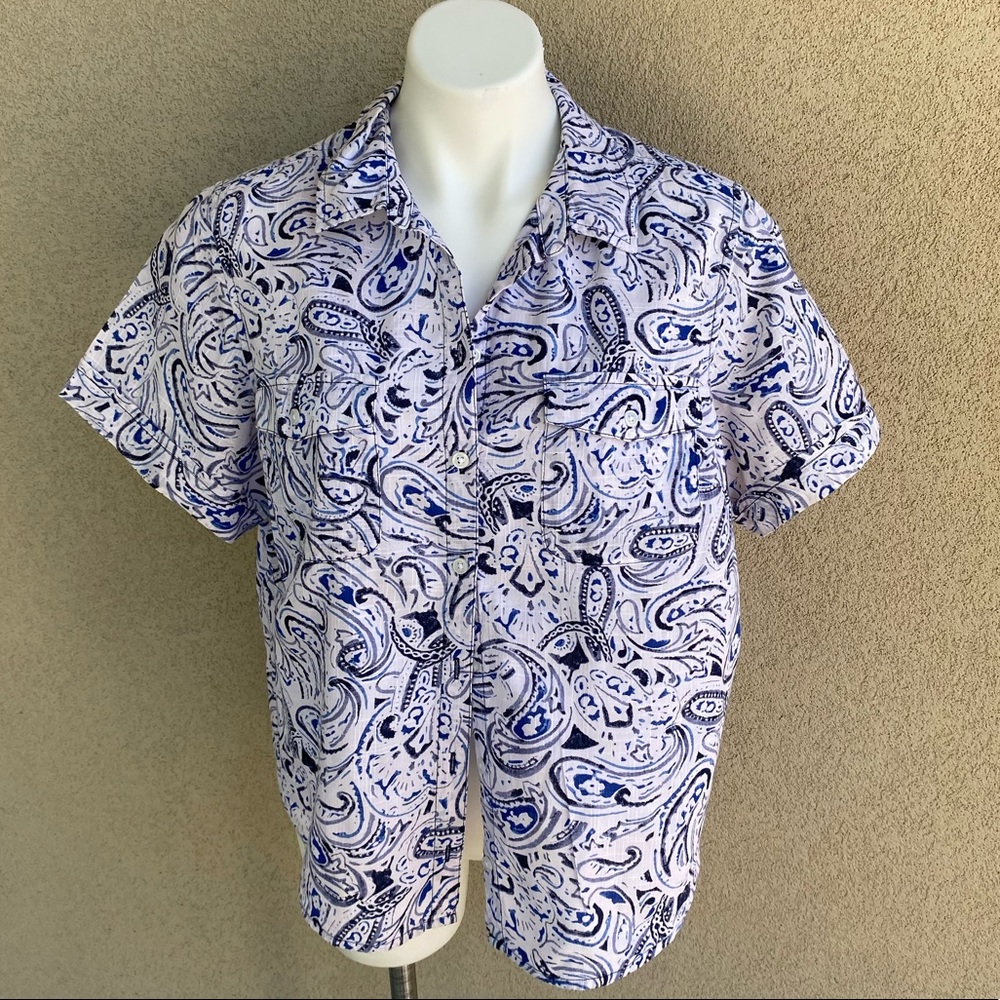Plus Size Paisley Print Collared Cotton Shirt